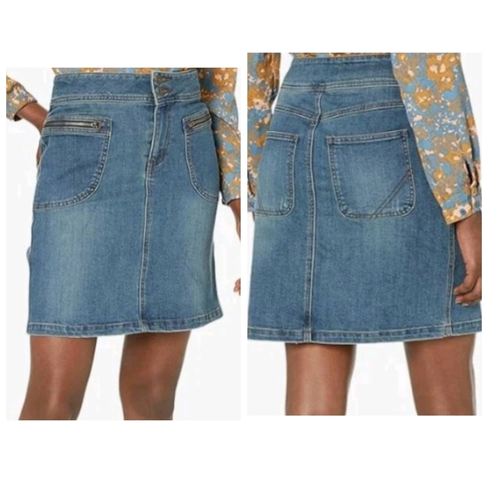 prAna Broadway Mini Denim Skirt With Zipper Patch Pockets Size 6 True Blue